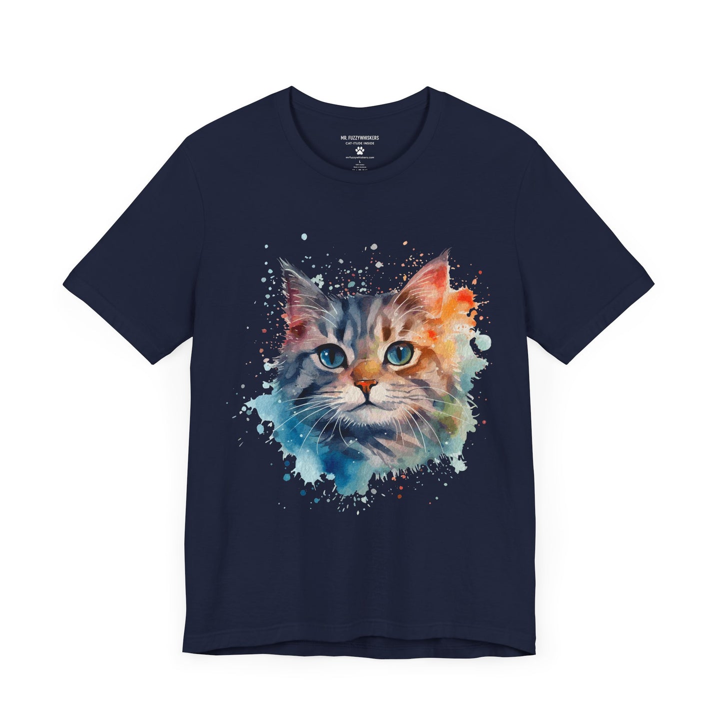 Watercolor Cat Face T-Shirt – Artistic Splash Print for Cat Lovers | Mr. Fuzzywhiskers