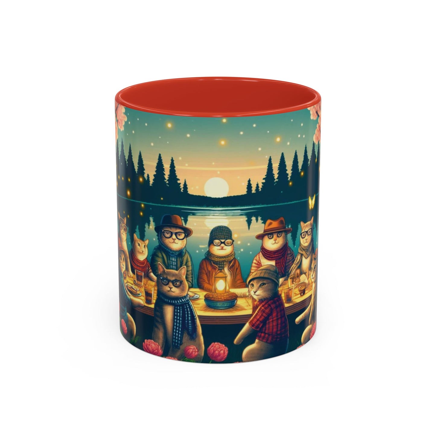 Cozy Cats at Sunset Mug - Charming Feline Gathering in Five Color Options