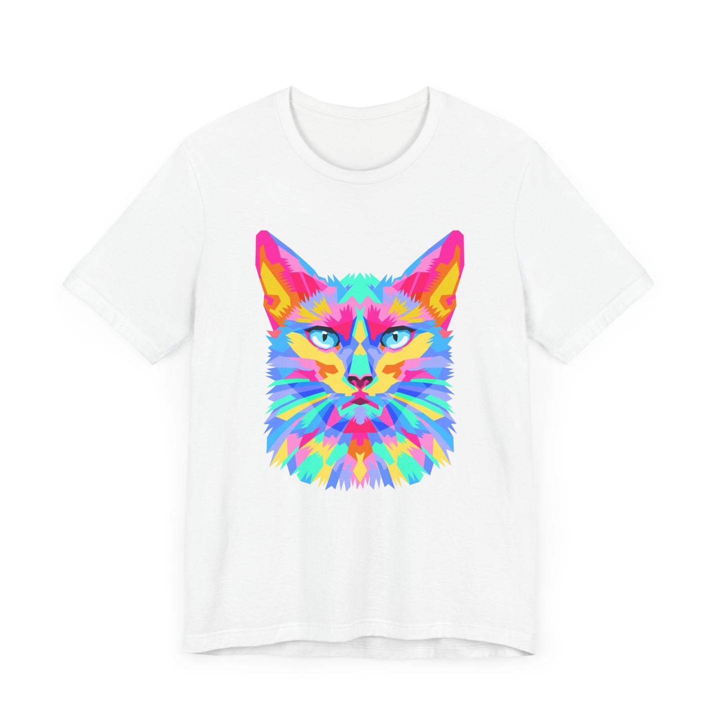 Technicolor Cat Face T-Shirt – Bold Cubist Rainbow Cat Art | Mr. Fuzzywhiskers