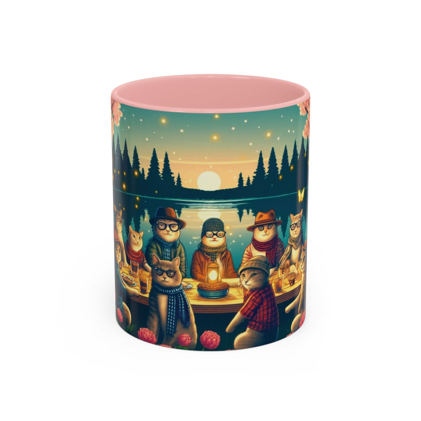 Cozy Cats at Sunset Mug - Charming Feline Gathering in Five Color Options