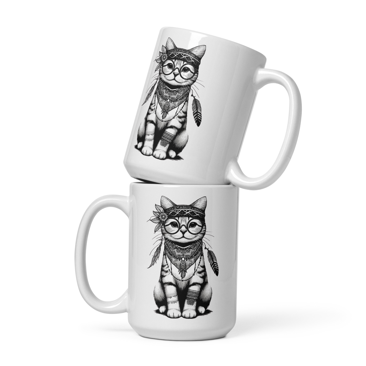 Boho Spirit Feline: The Enlightened Cat White Glossy Mug